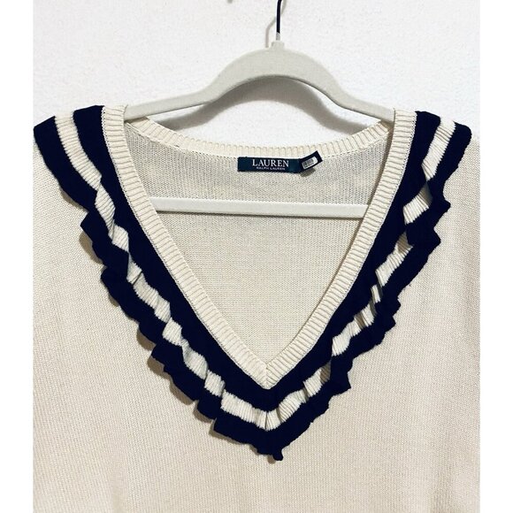 Ralph Lauren Sweater Womens XL Ivory Black Ruffle V Neck Cottagecore Feminine - Picture 2 of 6